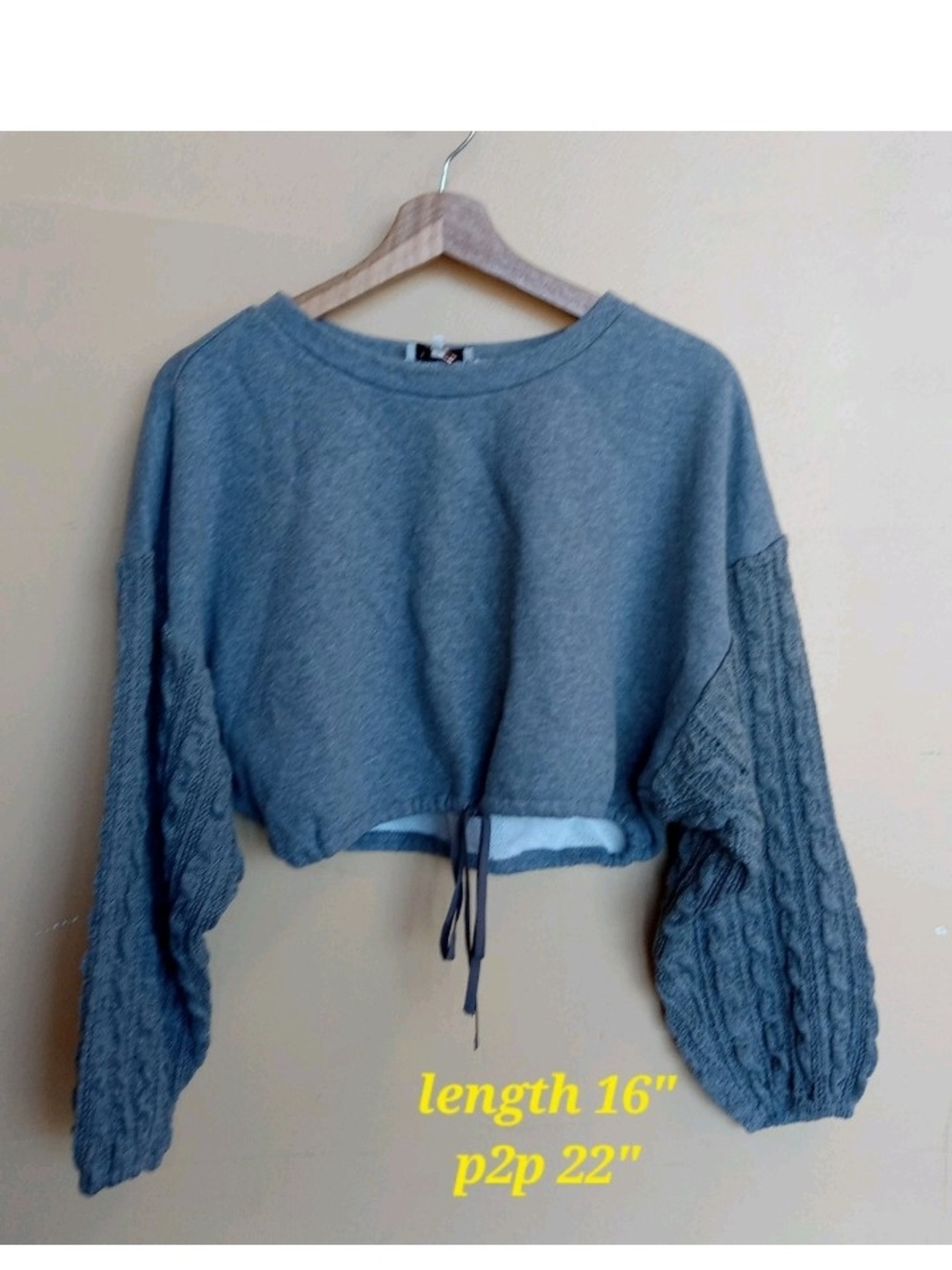 Cropped Cable-Sleeve Drawstring Sweatshirt - Grey